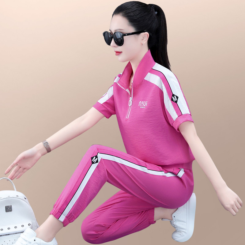 运动服套装女夏季薄款年新款宽松洋派女士短袖长裤休闲两件式