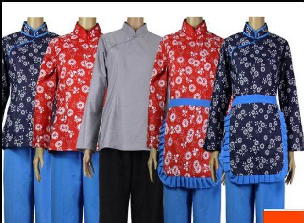 新款采茶女套装阿庆嫂表演服红蓝色碎花布村姑衣服民国女知青服装