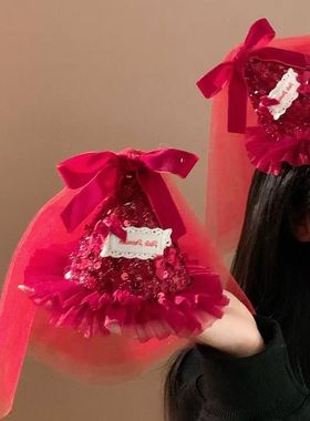 新年红色蝴蝶结网纱发夹女BB夹公主甜美亮片生日帽氛围感发饰头饰