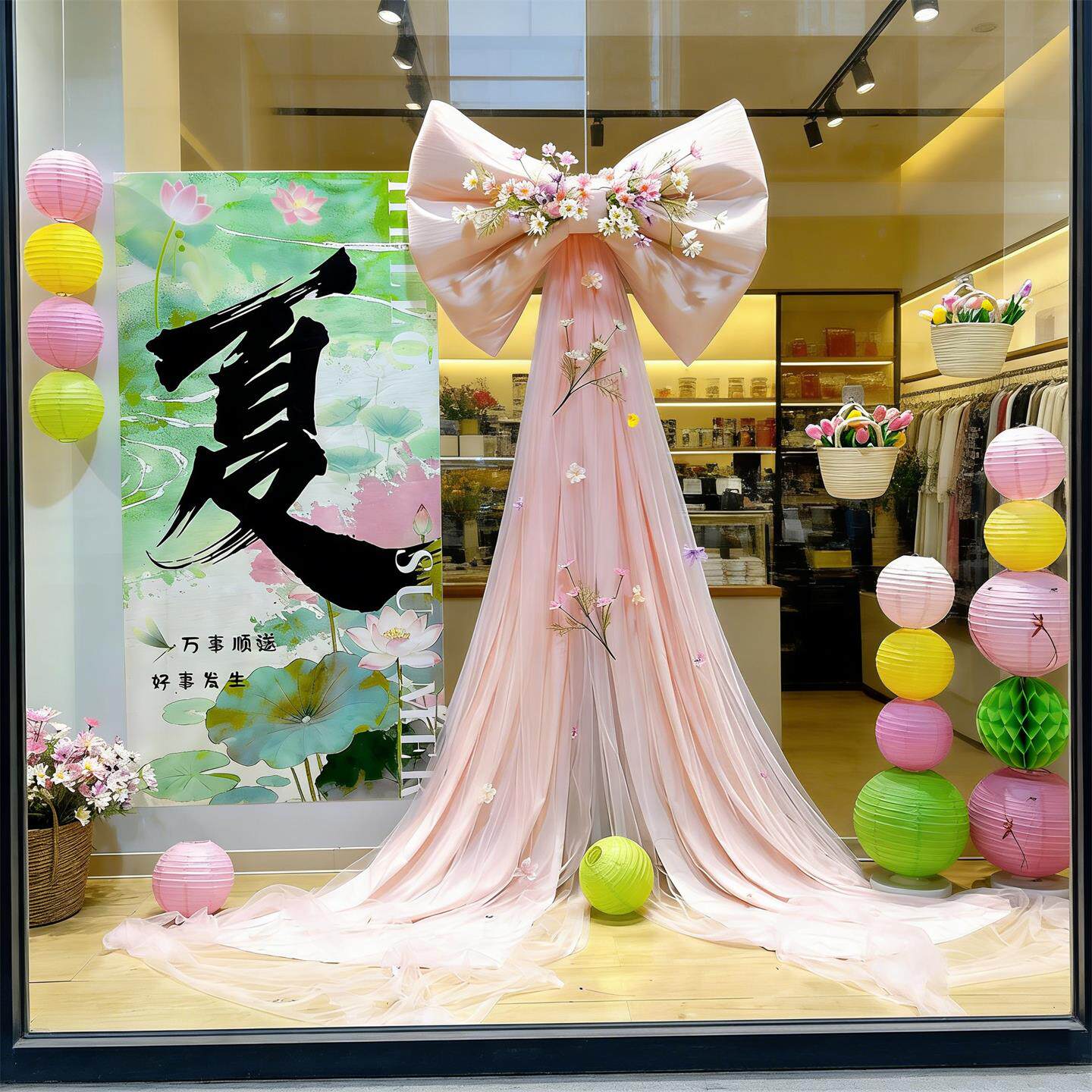 粉色蝴蝶结店铺橱窗氛围装饰夏季唯美挂布布置打卡拍照