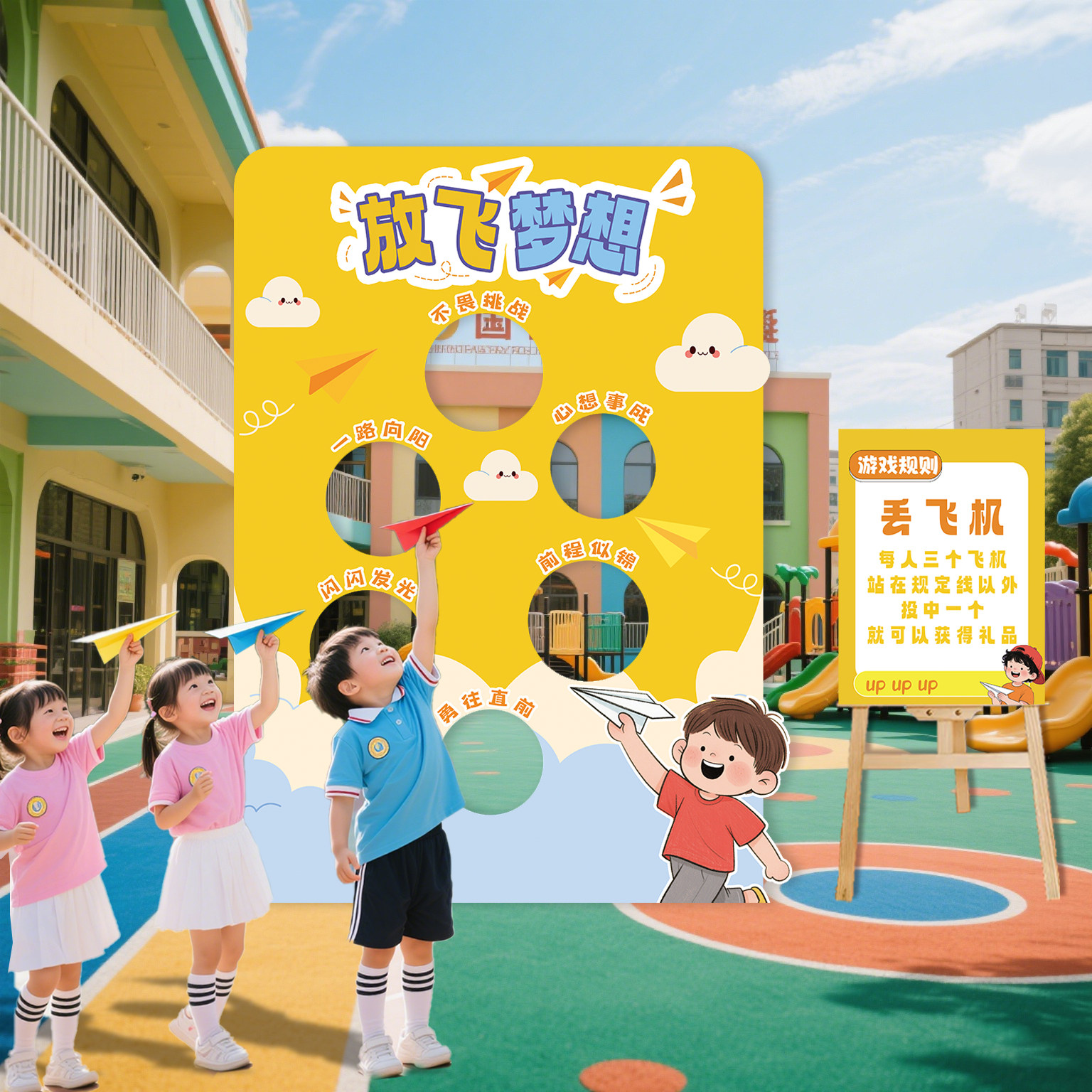 毕业典礼游戏场景仪式感布置装饰班级幼儿园丢丢乐纸飞机背景kt板