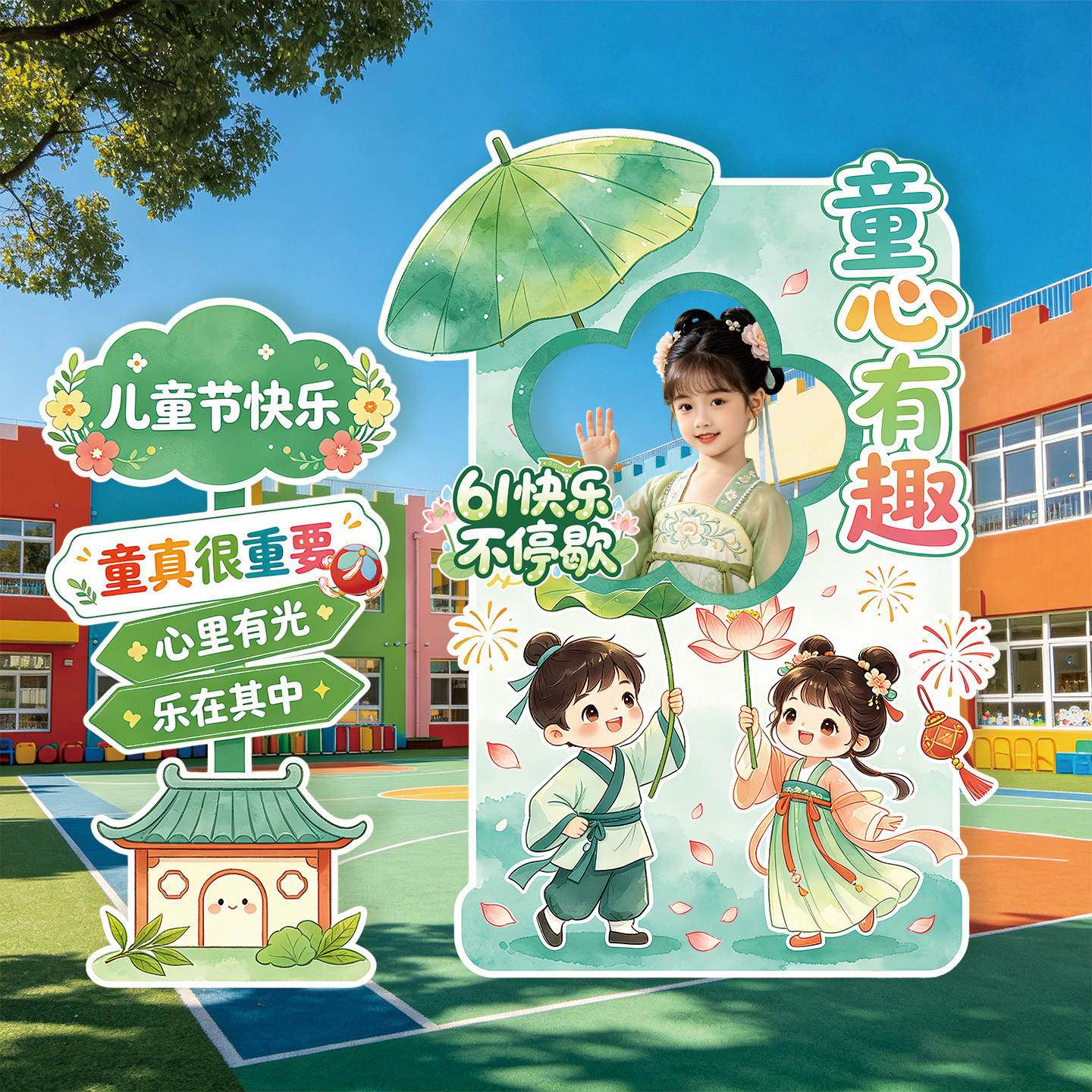 六一儿童节幼儿园室内外操场教室国风拍照框立牌kt展板氛围装饰