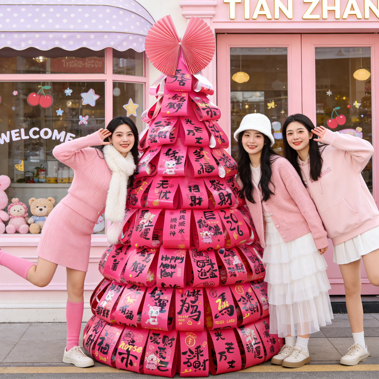 粉色许愿新年树幼儿园2026马年装饰中式元旦diy环创氛围场景布置