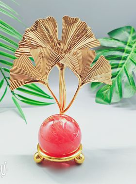 北欧轻奢金色金属铁艺叶子水晶球底座摆件银杏叶叶子摆件装饰