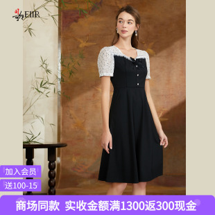 司歌 短袖拼接网纱刺绣显瘦连衣裙女夏季中长款修身裙子 A911032X
