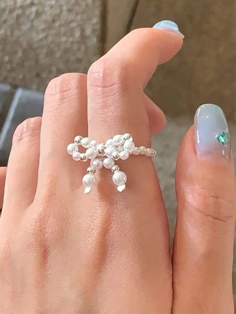2025新款珍珠蝴蝶结珍珠戒指指环 时尚甜美仙气施家珠子编织手