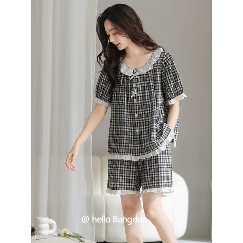 睡衣女夏季纯棉短袖短裤家居服