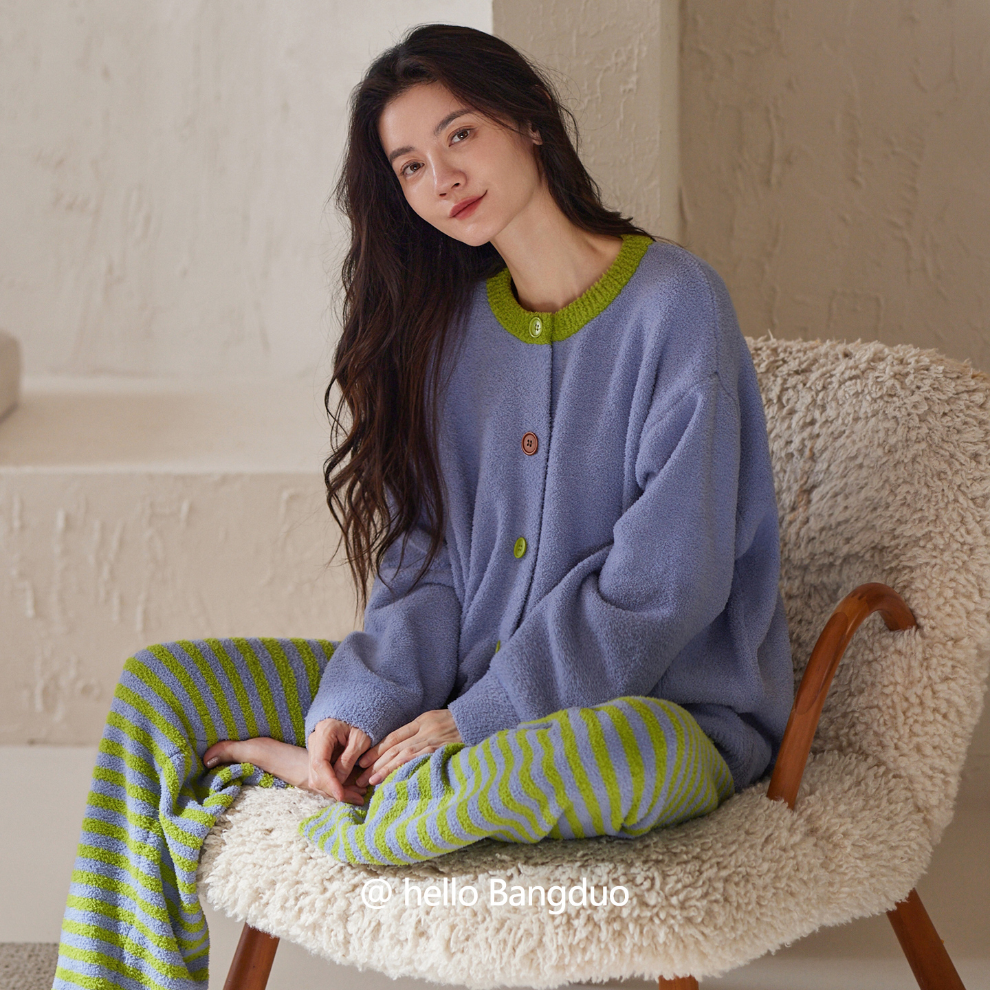 睡衣女士秋冬半边绒长袖家居服