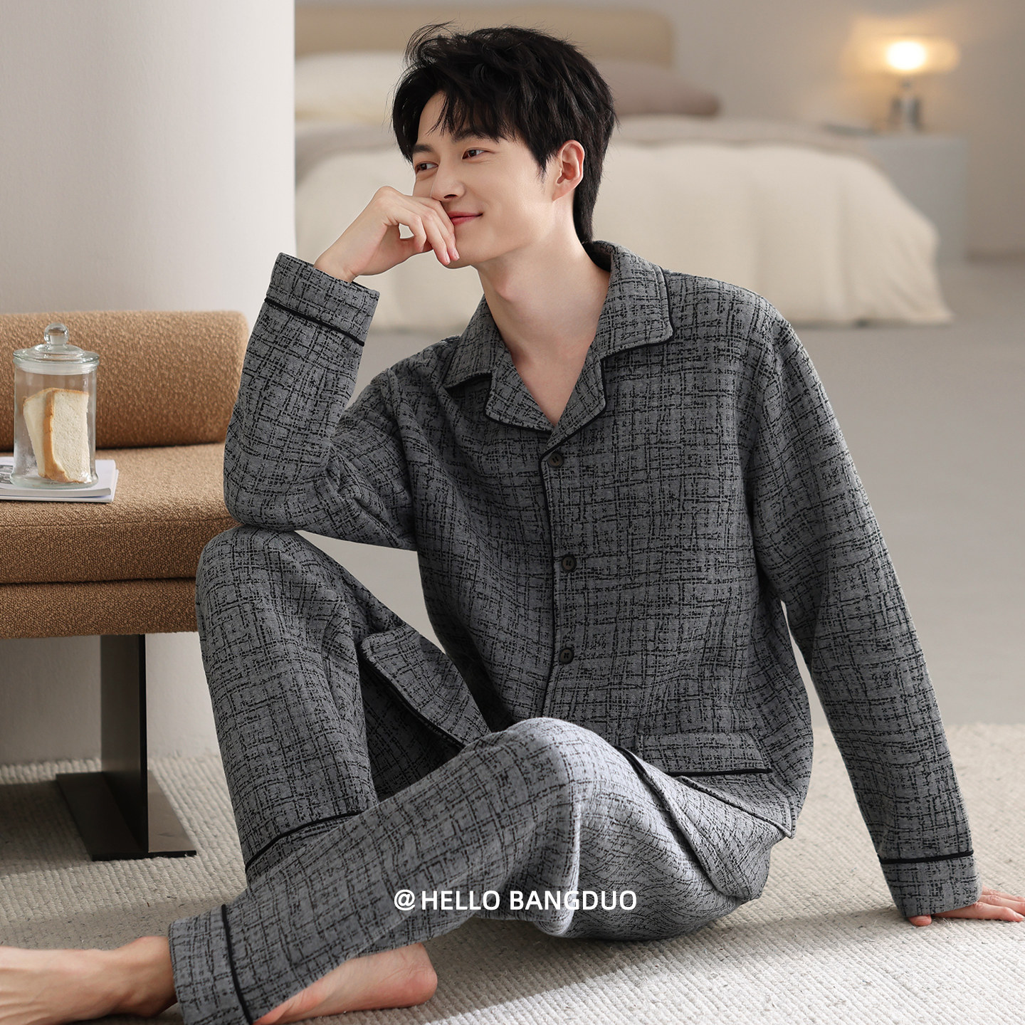 睡衣男士春秋款加厚纯棉长袖秋冬季空气棉夹层高级感薄夹棉家居服