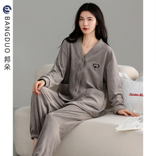 睡衣女士冬季 高级感春秋薄绒家居服 珊瑚绒加厚加绒秋冬海岛绒大码