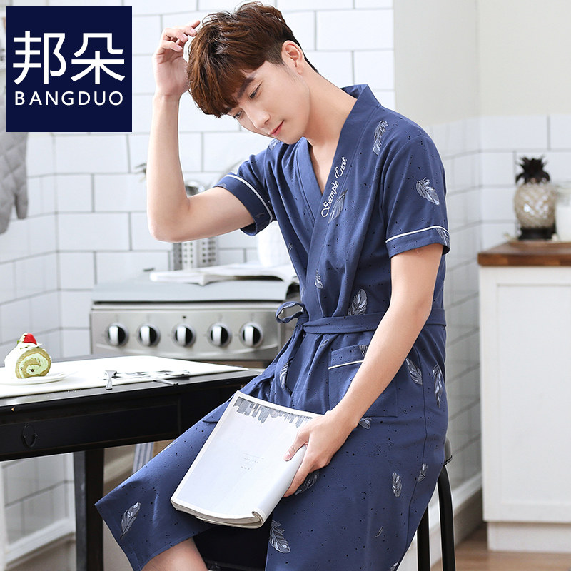 男士睡袍夏季短袖纯棉浴袍睡衣长款夏天薄款全棉大码男款浴衣晨袍