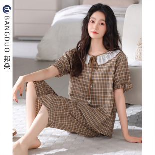 大码 睡衣女夏季 夏天中年妈妈全棉纱布夏款 薄款 家居服 梭织纯棉短袖