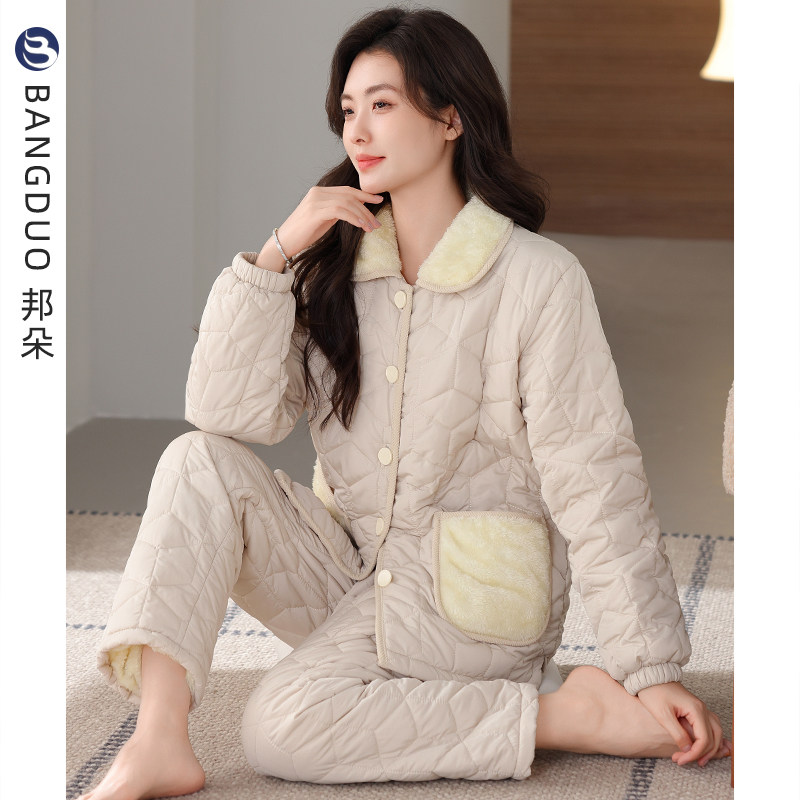 睡衣女士冬季珊瑚绒三层加厚加绒夹棉袄秋冬款羽绒棉服超厚家居服