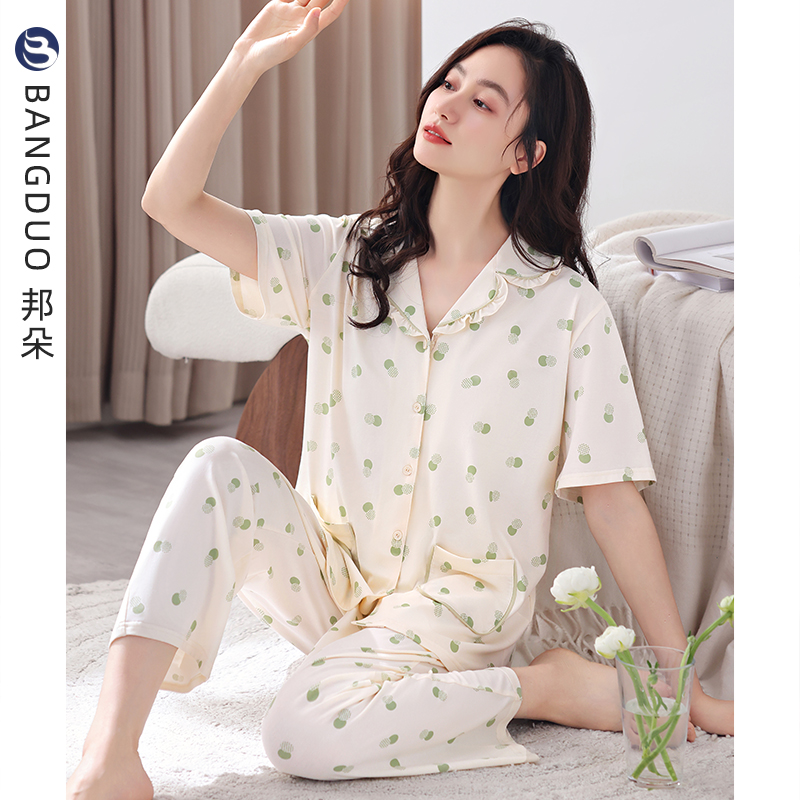 睡衣女夏季纯棉短袖九分裤家居服