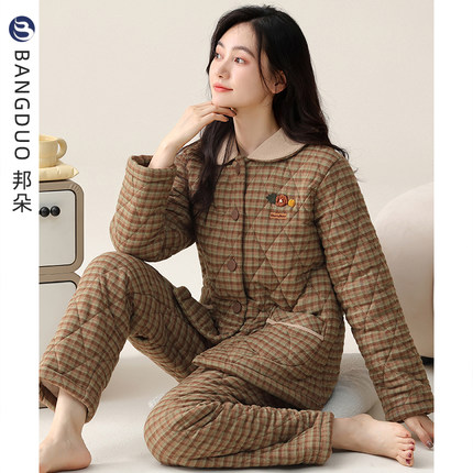 睡衣女冬季三层加厚加绒梭织纯棉夹棉袄秋冬珊瑚绒冬款超厚家居服