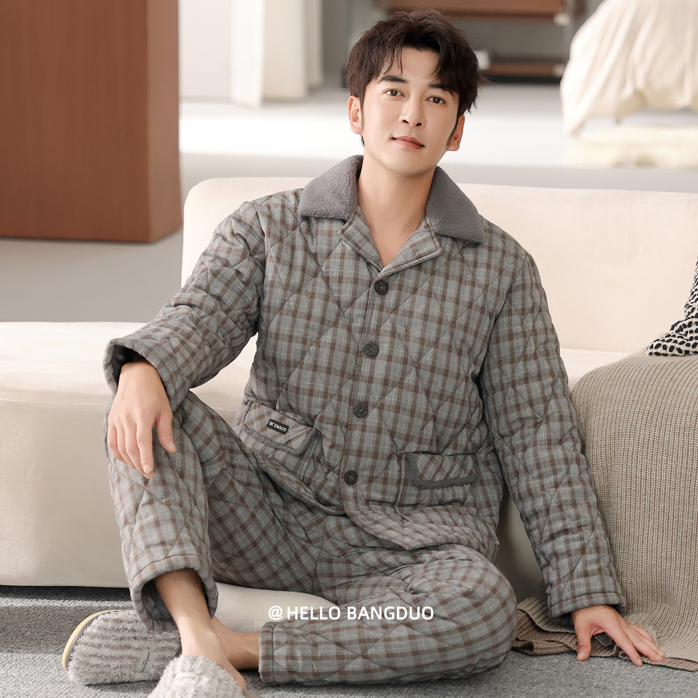 睡衣男士秋冬梭织夹棉长袖家居服