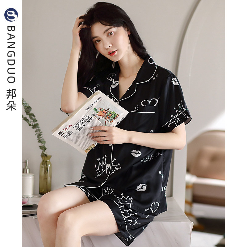 睡衣女夏季冰丝短袖短裤薄款夏天高级感仿真丝绸可外穿家居服套装
