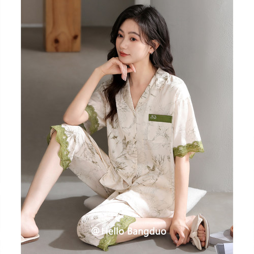 睡衣女夏季冰丝短袖七分裤家居服