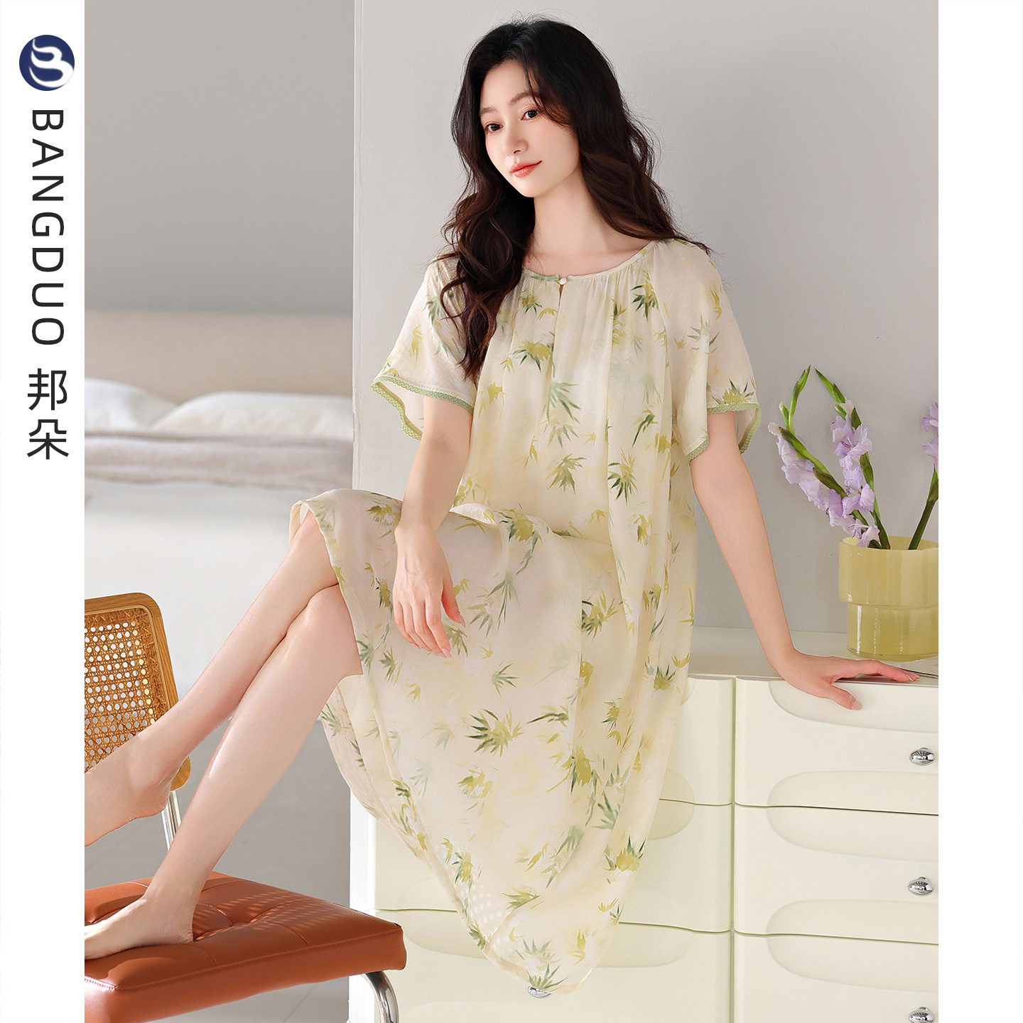 带胸垫睡裙女夏天丝麻短袖连衣裙