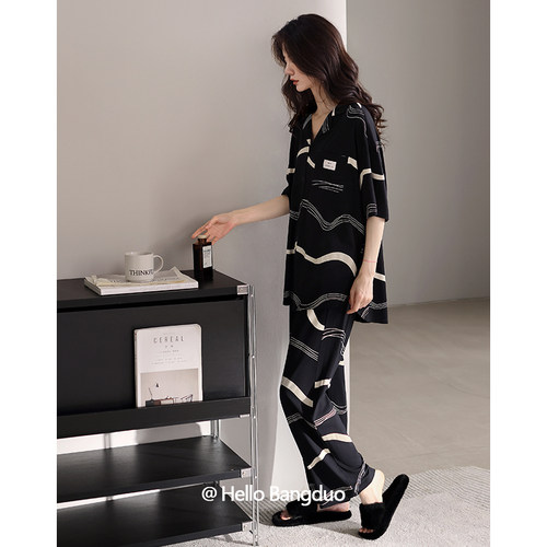 睡衣女夏季莫代尔短袖长裤家居服