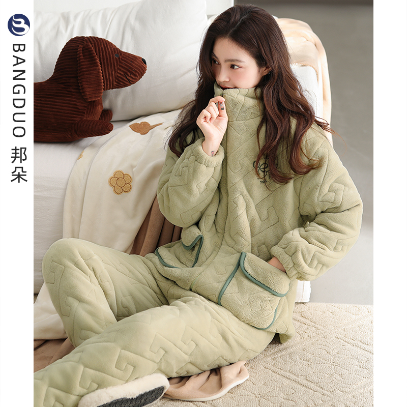 睡衣女冬季珊瑚绒夹棉加厚家居服