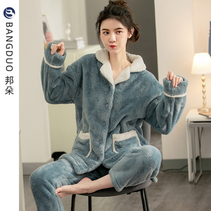 睡衣女秋冬珊瑚绒加厚加绒冬季保暖法兰绒女士大码开衫冬天家居服