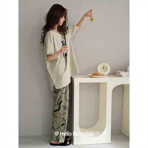 睡衣女士夏季纯棉短袖长裤家居服