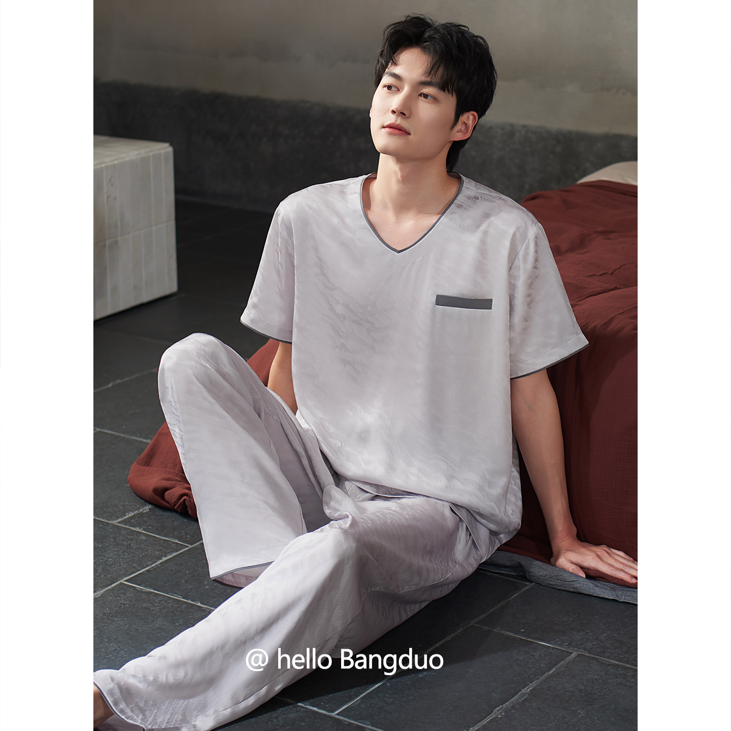 睡衣男士夏季冰丝短袖长裤家居服