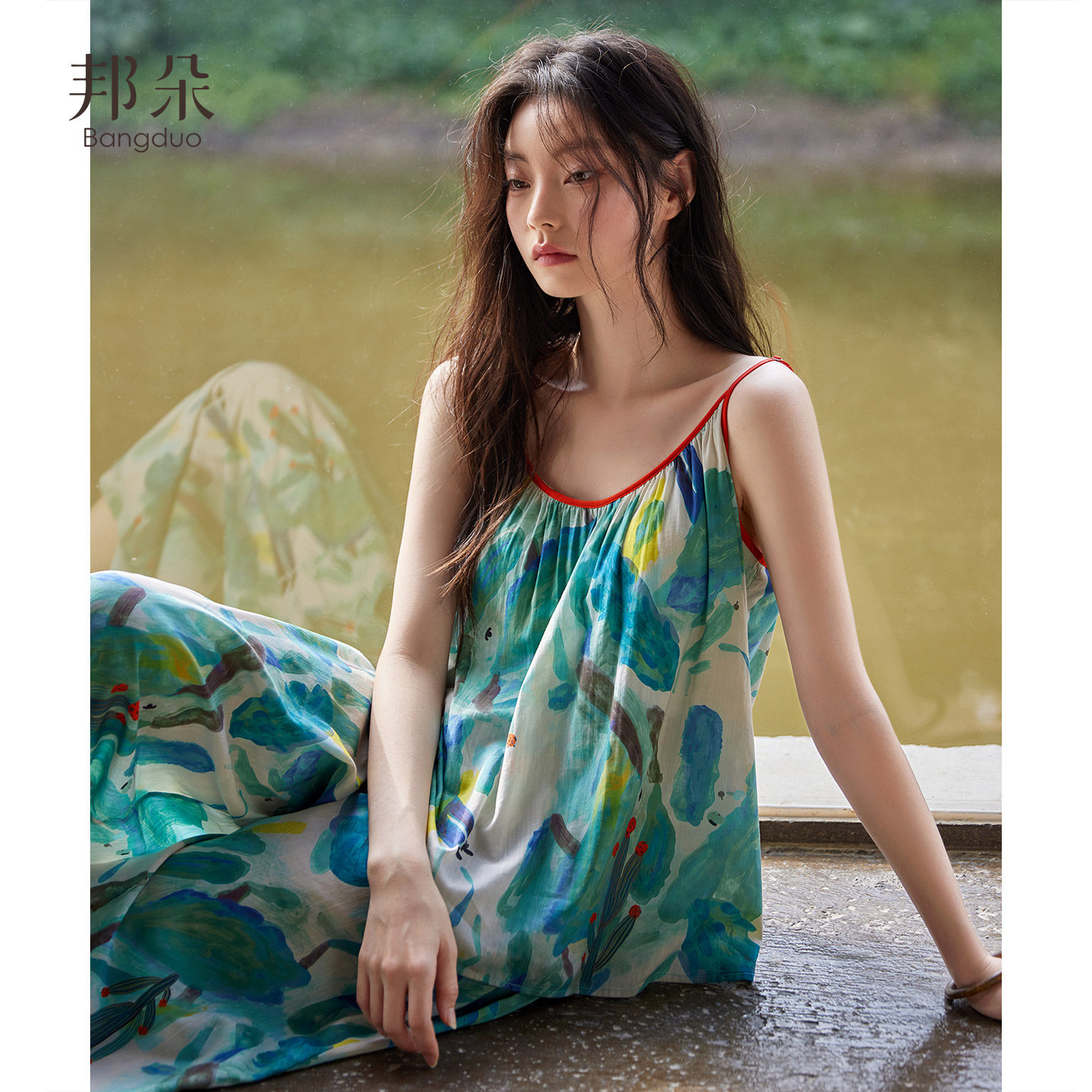 带胸垫睡衣女士夏季薄款棉绸吊带背心长裤梭织棉纱布度假风家居服