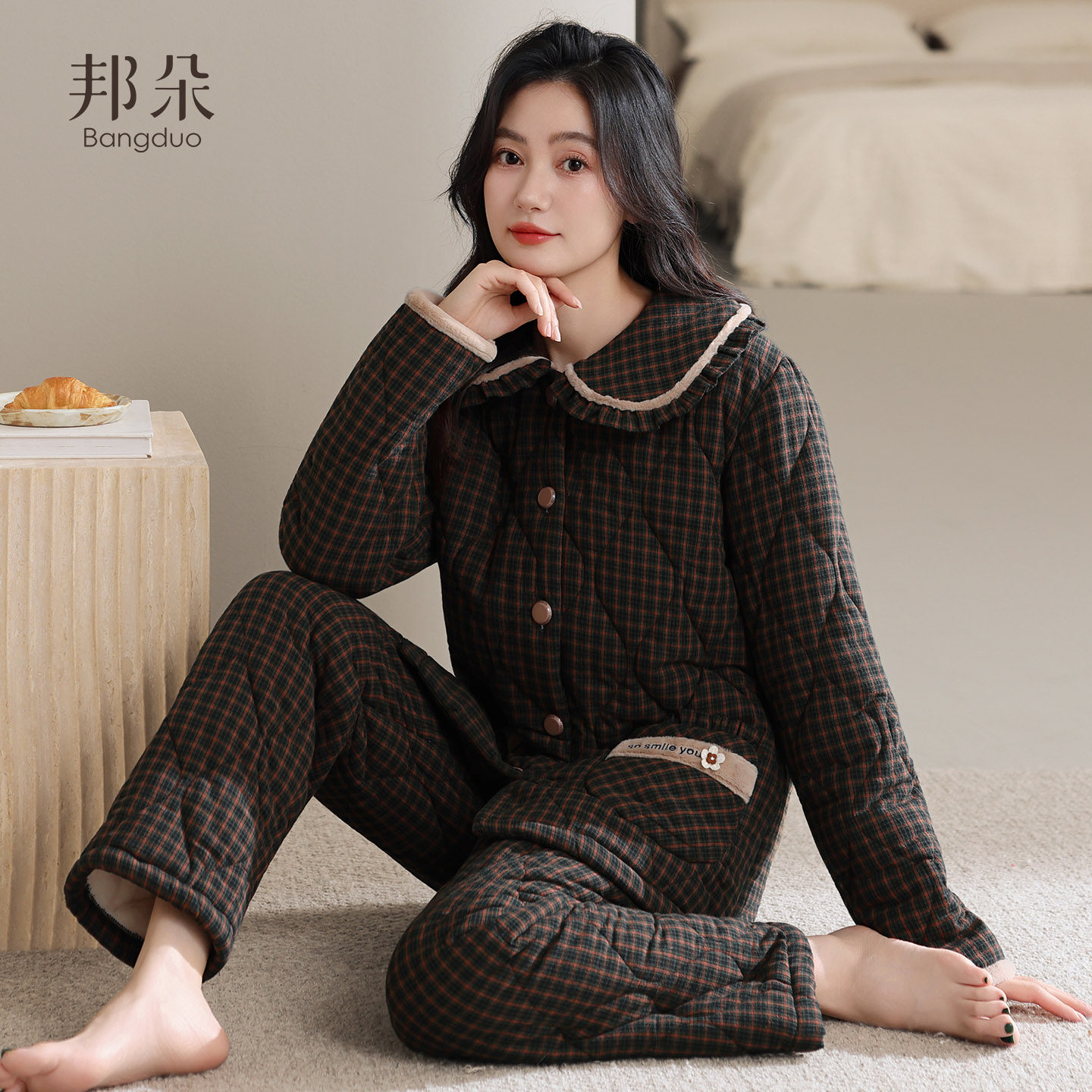 睡衣女冬季三层加厚加绒梭织纯棉夹棉秋冬珊瑚绒妈妈高级感家居服
