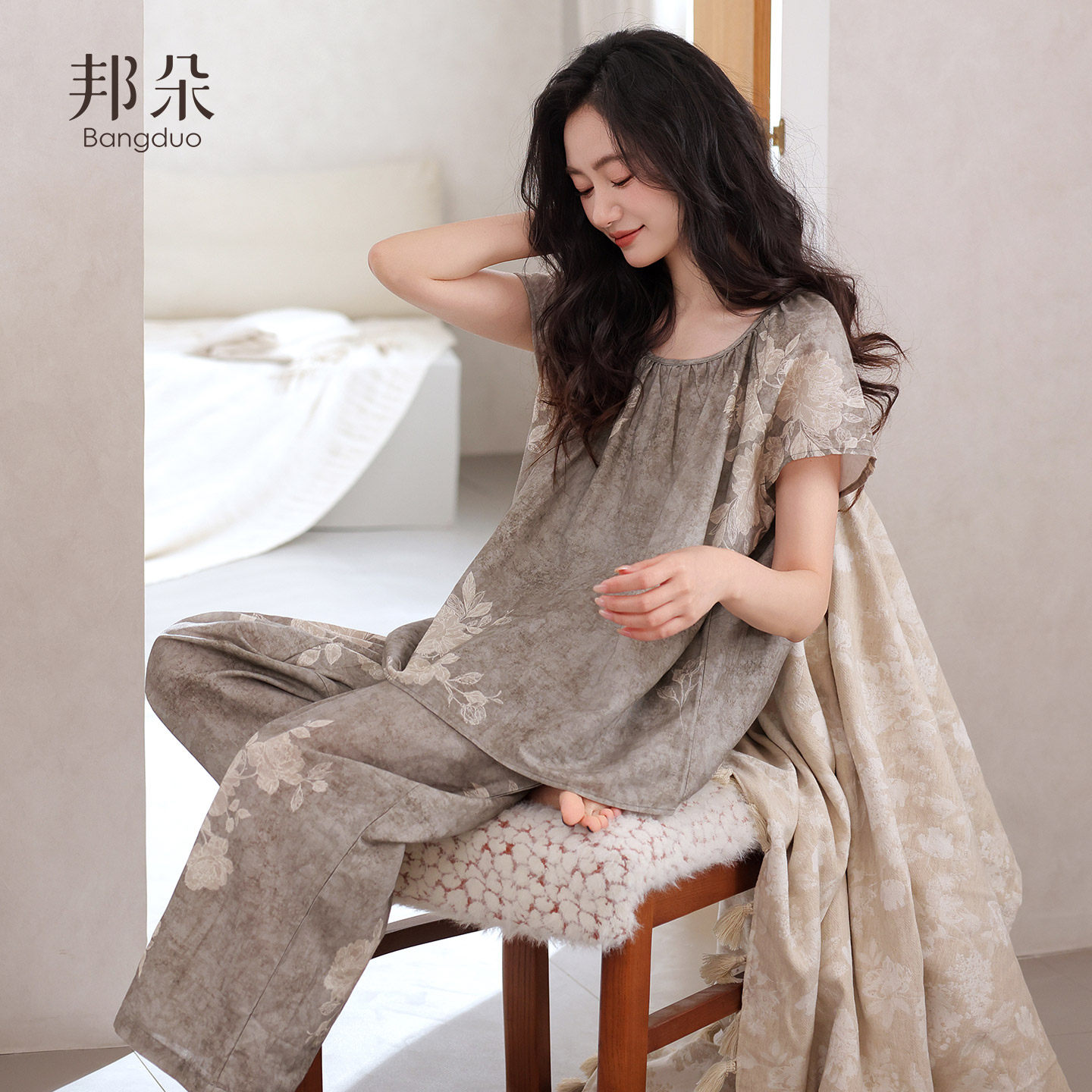 睡衣女夏季薄款纯棉短袖长裤大码休闲中老年妈妈高级感全棉家居服