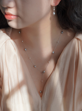 小众轻奢高级感水滴灰巴洛克珍珠长项链优雅气质y字锁骨链女60158