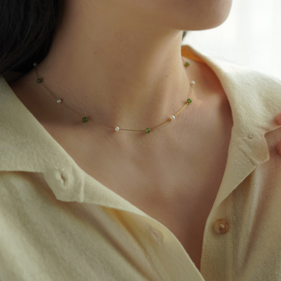 小众设计感纤细淡水珍珠和田碧玉满天星项链气质优雅锁骨链60119