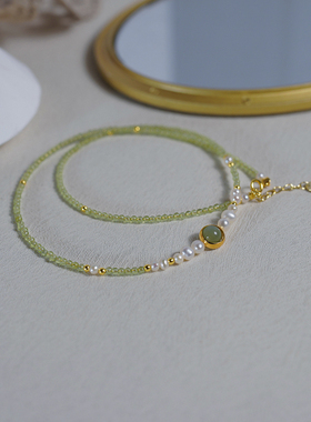 轻奢小众高级感路路通和田玉橄榄石项链清新少女锁骨链法式50253