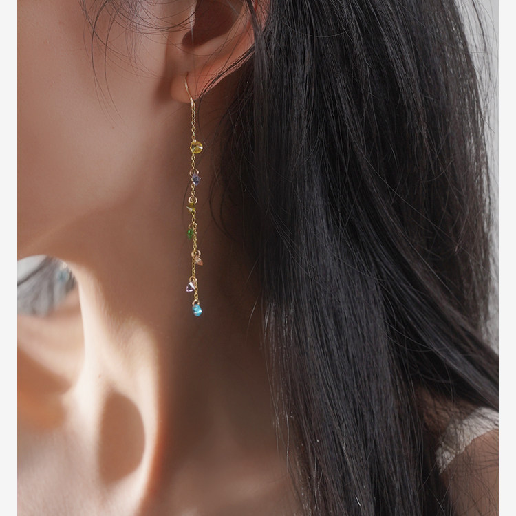 yeajewel多巴胺彩色锆石耳环14k包金耳钩少女气质流苏耳饰潮30939