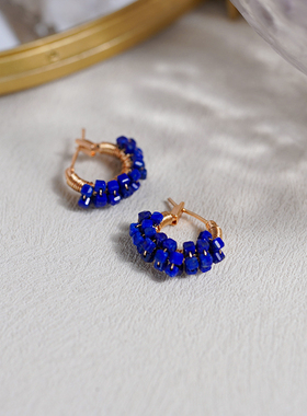 小众设计感国潮风绕方糖蓝晶石耳扣复古气质高级感耳环古风50277