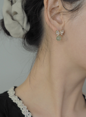 新中式和田玉猫眼石蝴蝶结耳钉文艺气质耳环清冷感小众设计110113