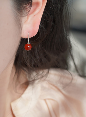 新中式复古甜美红玛瑙耳钩925纯银耳环简约法式优雅耳饰礼物60161