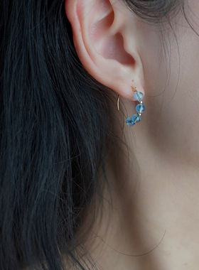 小众设计感四颗海蓝宝耳圈14k包金耳挂耳钩清新气质耳环耳饰40709