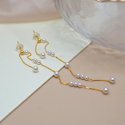 法式小众设计感淑女气质纤细双层珍珠耳线925纯银流苏长耳环50806