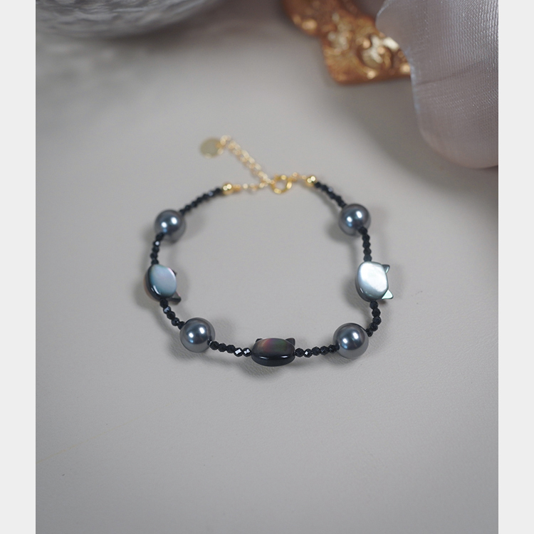 黑珍珠猫咪黑尖晶手链可爱少女