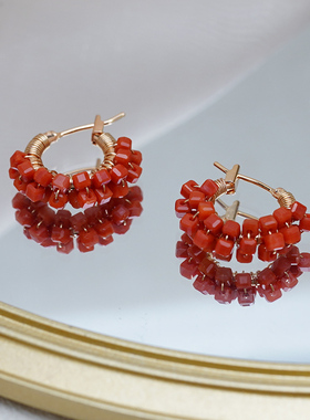 小众设计感甜美少女气质方糖南红玛瑙耳扣新中式古风耳环潮50523