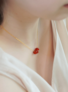 法式优雅红玛瑙平安扣项链925纯银小众复古甜美新中式锁骨链50851