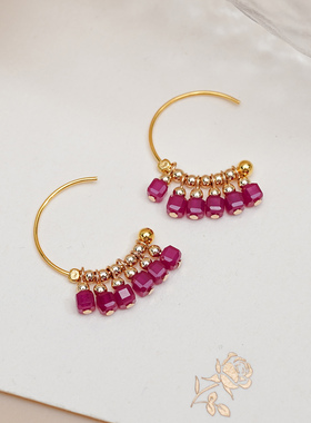 法式甜美少女红刚玉耳挂925纯银新中式气质大耳环优雅耳饰潮50819