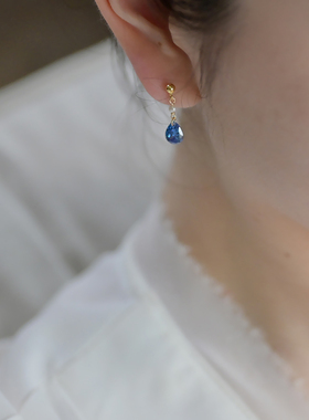 小众设计宝蓝水滴锆石珍珠金豆耳钉925银饰耳环复古法式优雅20526