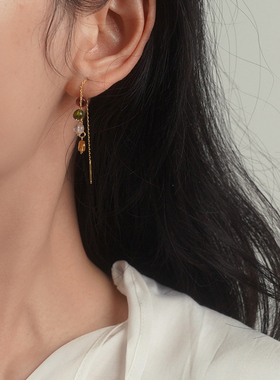 yeajewel原创设计感四颗碧玺耳线925银甜美少女耳环清新耳饰40115