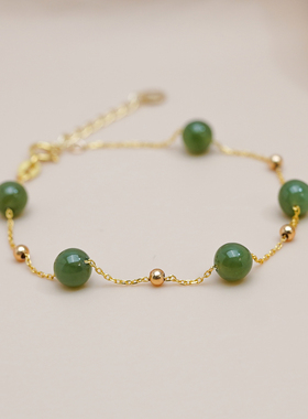 新中式清新复古设计感和田碧玉金珠手链925纯银小众手串女508123