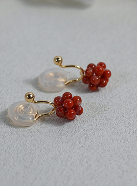 复古甜美少女红玛瑙球短耳夹无耳洞耳骨夹气质小众耳环耳饰40965