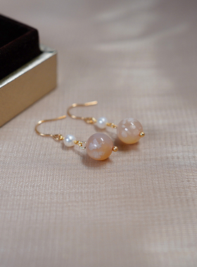 yeajewel手作樱花玛瑙珍珠耳环小众甜美少女耳钩耳饰气质女21039