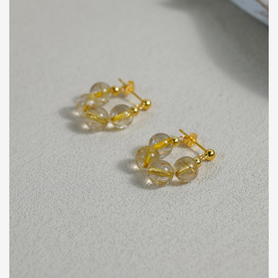 小众设计感四颗金发晶u形耳钉925纯银清新气质耳环新中式女40854